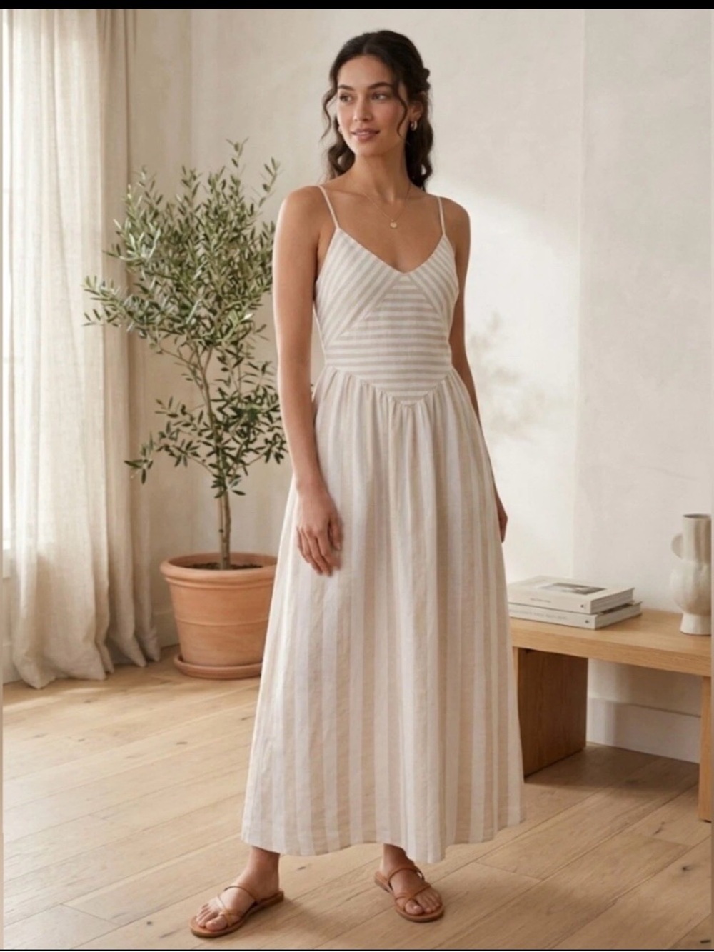NEW Torn by Ronny Kobo Melinda Dress Tan White Striped Linen Blend Drop Waist